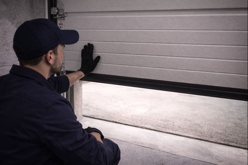 Técnico revisando una puerta de garaje bloqueada durante un servicio urgente