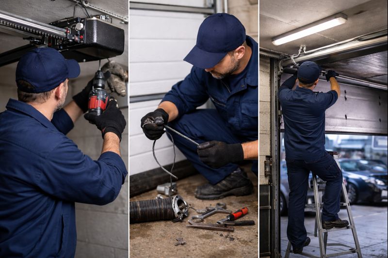 Técnico realizando la reparación de una puerta de garaje