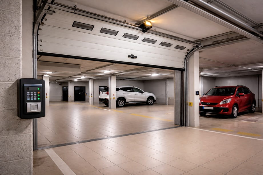 Puerta de garaje comunitaria en un bloque de viviendas de Paterna