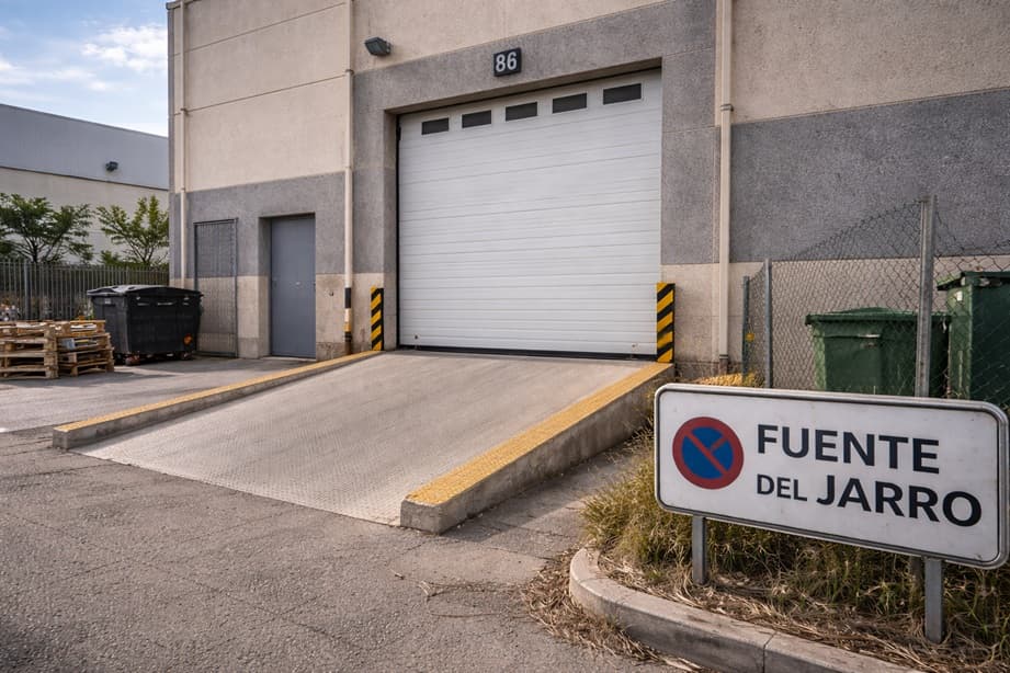 Puerta de garaje industrial en una nave del polígono Fuente del Jarro, Paterna