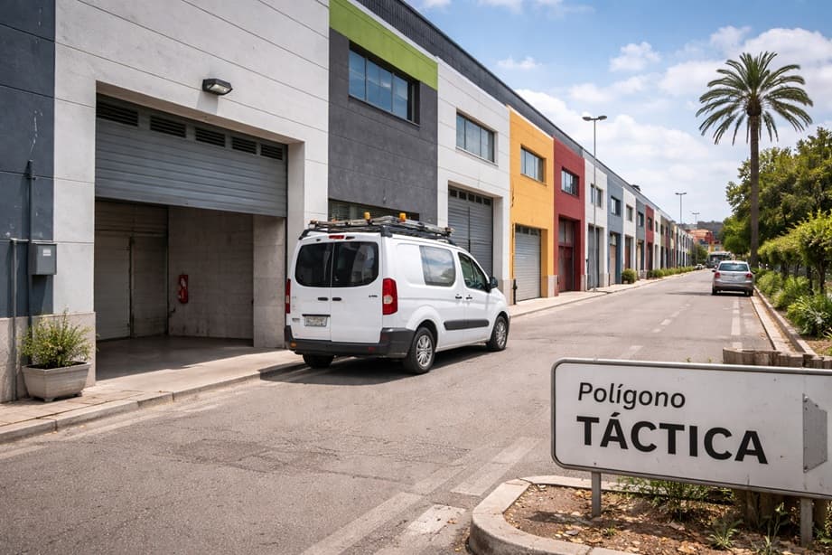 Puerta de garaje industrial en nave del polígono Táctica, Paterna